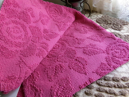 Fuchsia Pink Rose Vintage Woven Chenille Fabric, Reversible Hobnail 20" x 25" Piece Quilt Material