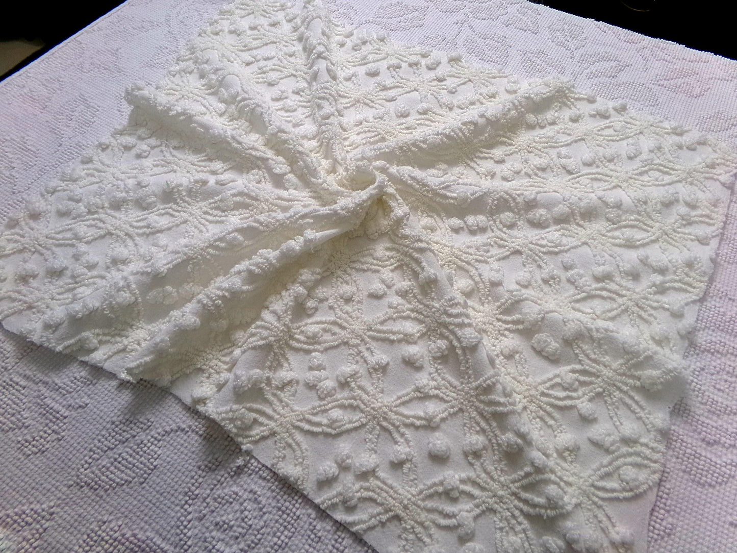 Winter White Snowflakes Vintage Chenille Fabric, neutral tufted pops sewing craft quilt material, 18" x 24" piece