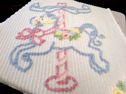 Fantasy Carousel Horse Vintage Chenille Coverlet Pastel Colors White Decorative Throw Wall Hanging