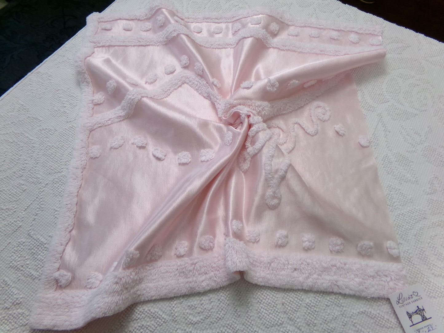 Pink Satin Vintage Chenille Fabric, Shabby Cottage 24" x 23" Piece
