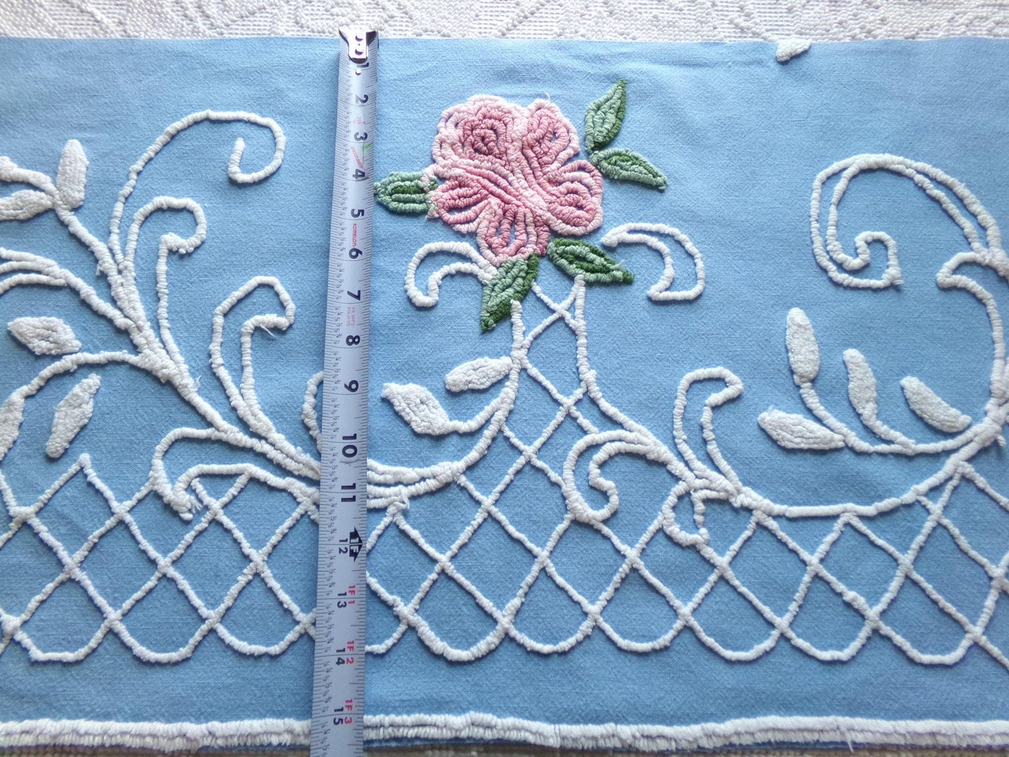 shabby cottage rose vintage chenille fabric, blue white floral sewing material, 15" x 30" piece