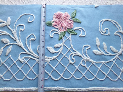 shabby cottage rose vintage chenille fabric, blue white floral sewing material, 15" x 30" piece