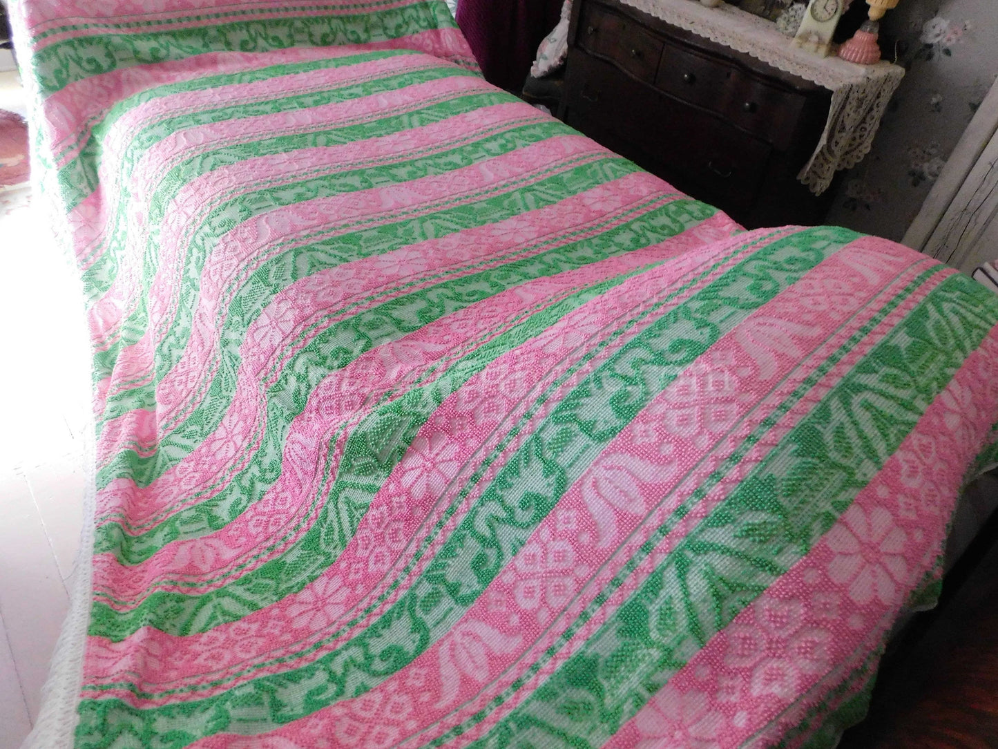 Boho Vintage Bedspread, Woven Chenille Folk Art Pink & Green Hobnail w/ Fringe, Twin Sz