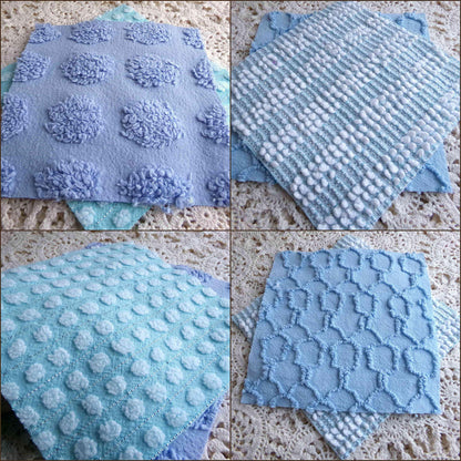 lake breeze vintage chenille quilt squares, set of 16 cool blue & aqua cotton 6" quilt blocks for quilting, upcycling into crafts