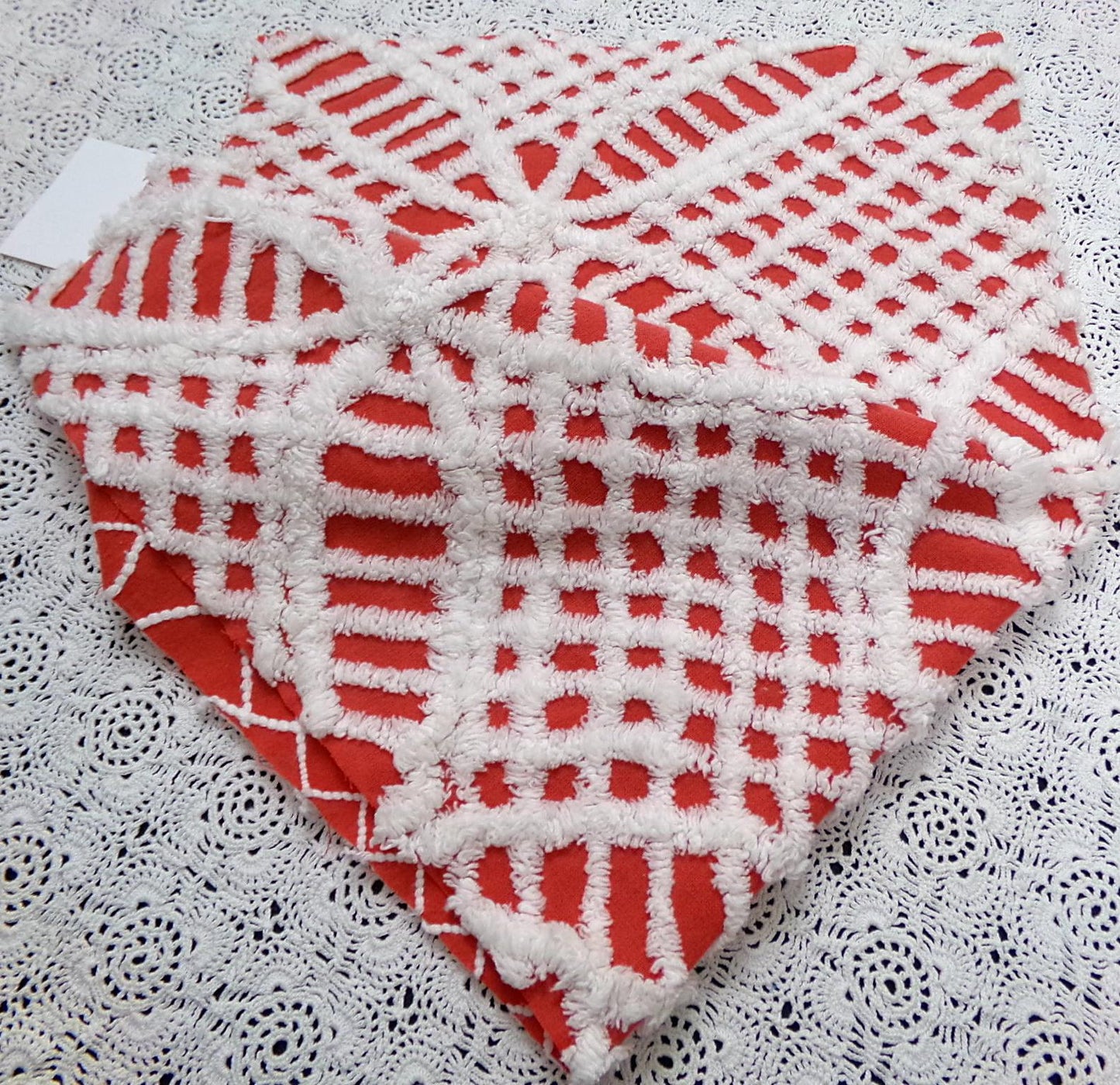 Vintage Red Chenille Fabric, White Geometric 17x24" Quilt Material