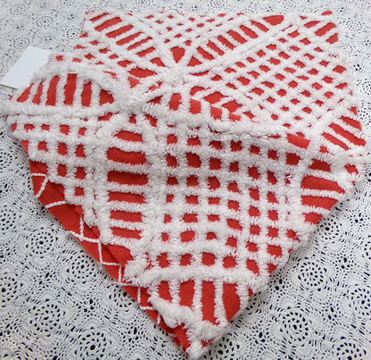 Vintage Red Chenille Fabric, White Geometric 17x24" Quilt Material
