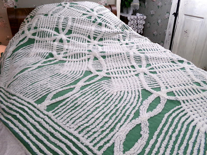 elegant evergreen vintage chenille bedspread, white geometric tufting, full size cotton bedding