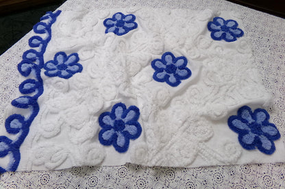 Vintage Chenille Bedspread Fabric, Plush Blue Flowers White Curlicues, 20x26" Piece