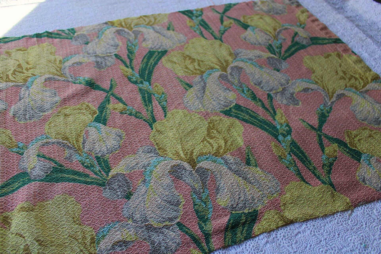 Vintage IRIS Floral Barkcloth Fabric Piece, 29.5" x 23" inches, Mauve Pink Rose & Old Fashioned Yellow Blooms, Deconstructed Curtain Panel