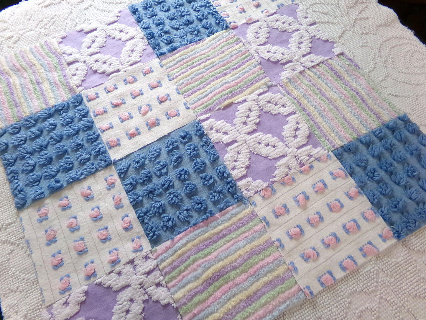 moonlit rainbow chenille fabric squares, set of 16 vintage quilt blocks 6" inches ea, dreamy serene blue, pink rosebuds, soft lilac