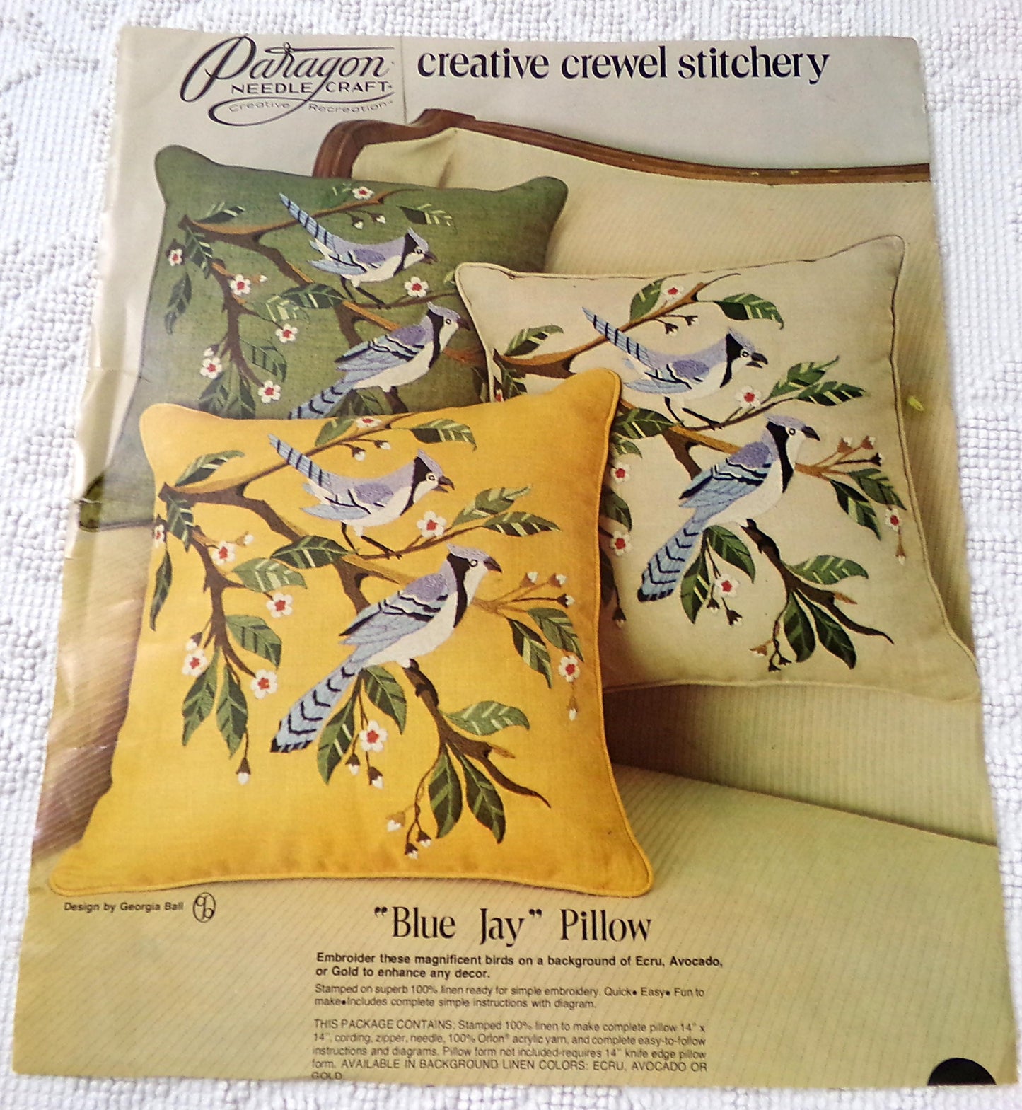 Blue Jay Birds Pillow Crewel Embroidery Kit Vintage Paragon Needlecraft 0162