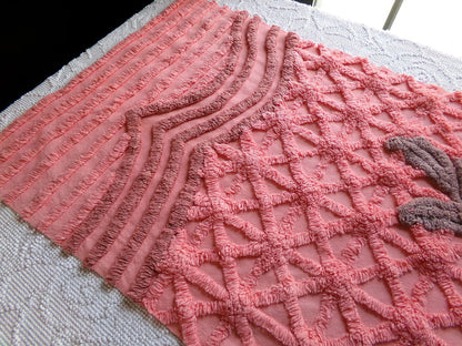 peach twinkles vintage chenille fabric panel in shabby starburst pattern, pretty sewing material for quilts & pillows, 30" x 17" inch piece