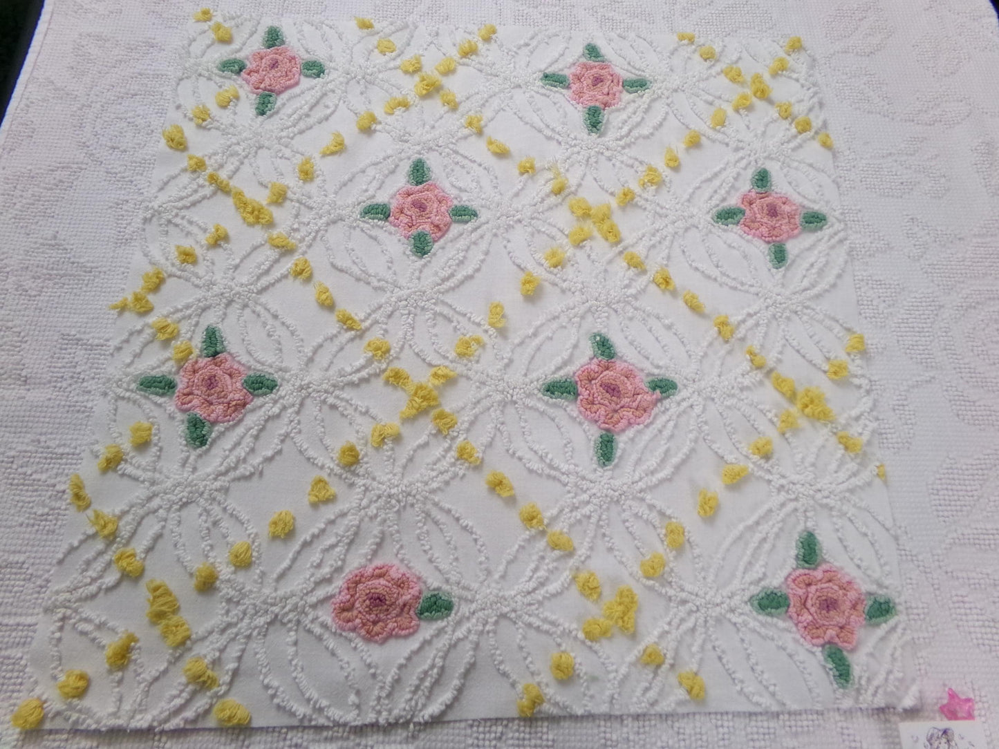 Pink Rose Vintage Chenille Bedspread Fabric, cottage chic sewing craft quilt material, 20" x 20" piece