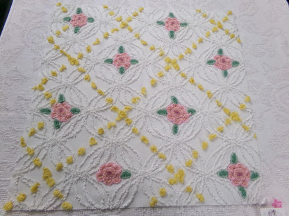 Pink Rose Vintage Chenille Bedspread Fabric, cottage chic sewing craft quilt material, 20" x 20" piece