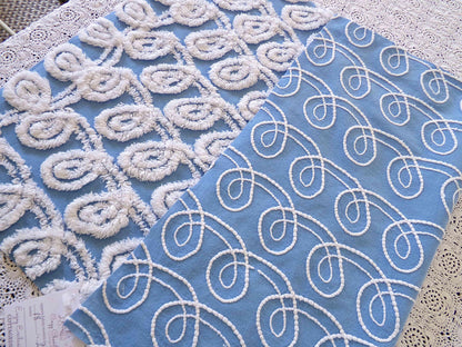 White & Blue Chenille Fabric, Soft Curlicue Swirls, 18" x 26" inch Piece, Vintage Cotton Material for Quilting, Crafts