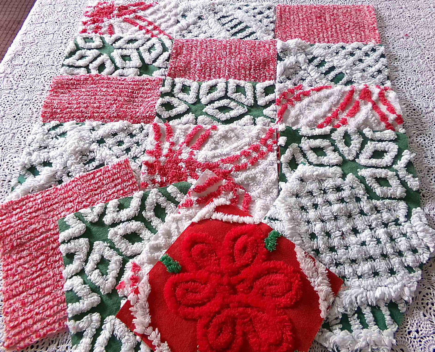 Vintage ChristmasChenille Fabric Squares, Set of 17 Festive Red, White & Green 6" Cotton Quilt Blocks