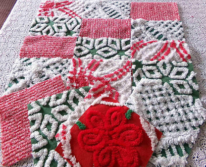 Vintage ChristmasChenille Fabric Squares, Set of 17 Festive Red, White & Green 6" Cotton Quilt Blocks