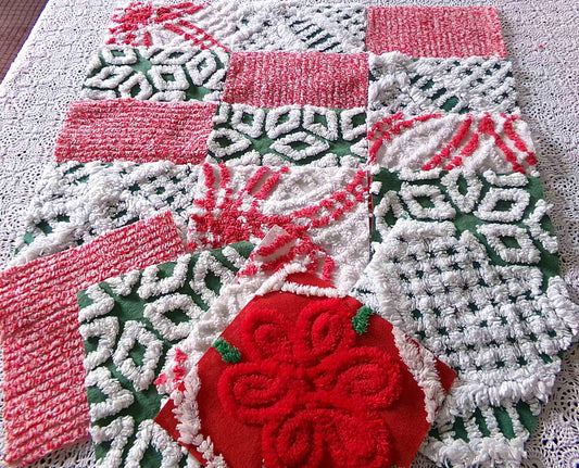 Vintage ChristmasChenille Fabric Squares, Set of 17 Festive Red, White & Green 6" Cotton Quilt Blocks