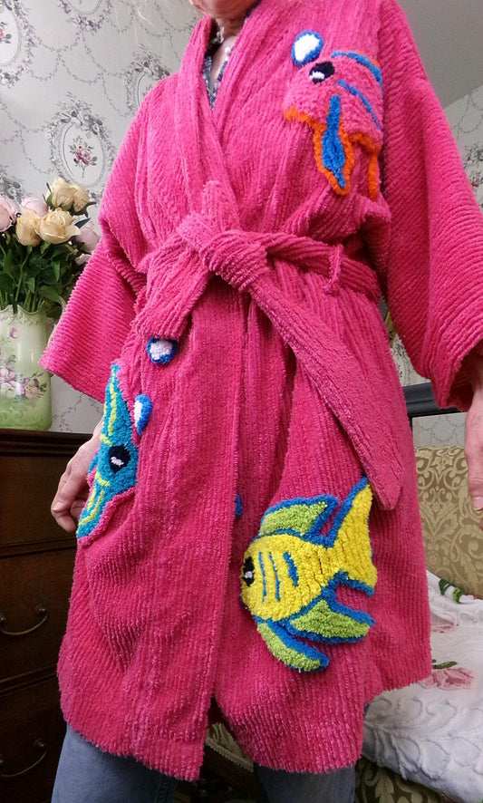 Canyon Group Vintage Chenille Robe, Pink Tropical Fish Short Beach Coverup Bathrobe Kimono Sleeves, M/L