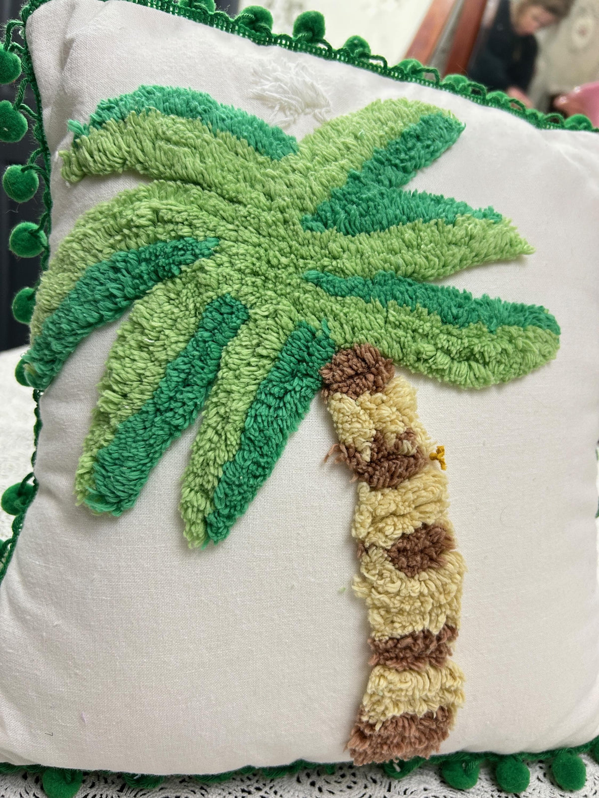 Palm Tree Vintage Chenille Pillow Cover Reversible 12" Square, Tropical Bungalow