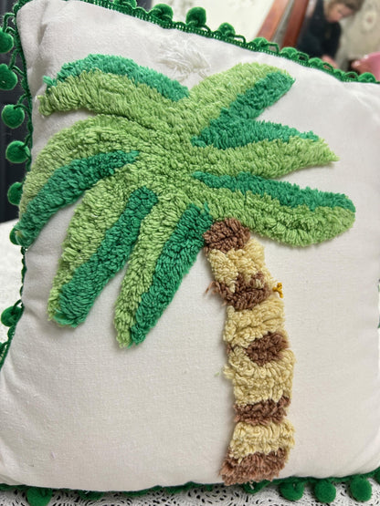 Palm Tree Vintage Chenille Pillow Cover Reversible 12" Square, Tropical Bungalow