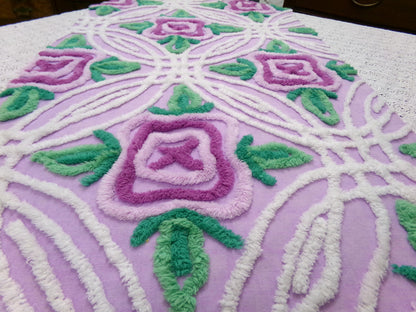 Vintage Chenille Bedspread Fabric Lilac Cabbage Roses 17.5 x 34" Cottage Quilt Sewing Material