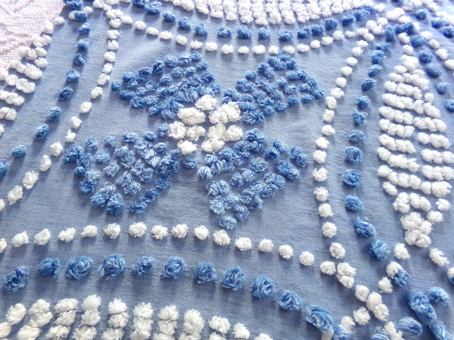 Shabby Beach Chic Vintage Chenille Fabric, Handmade Candlewick Blue & White Bow Design, 18" x 36" cut piece of cotton sewing material