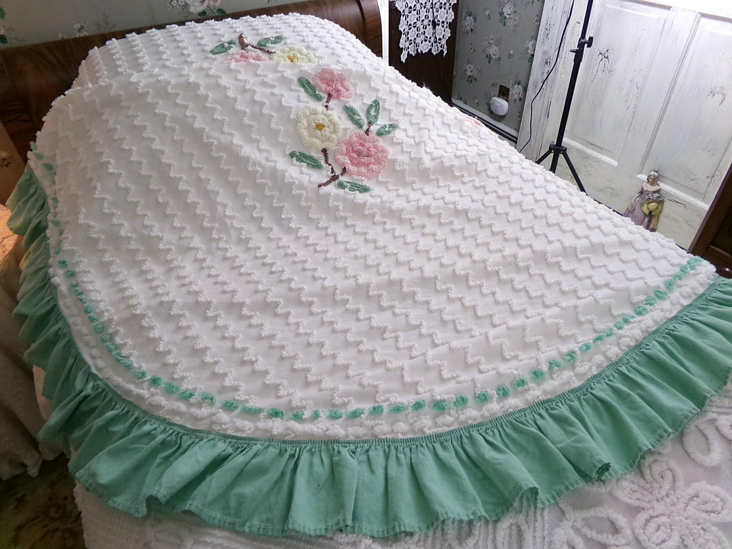 romantic shabby chic vintage chenille bedspread, lightweight 100% cotton summer coverlet with green ruffle trim, twin size bedding