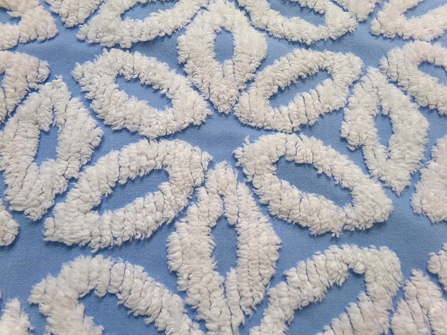 boho blue daisy vintage chenille bedspread fabric, white tufted daisies, 18" x 23"
