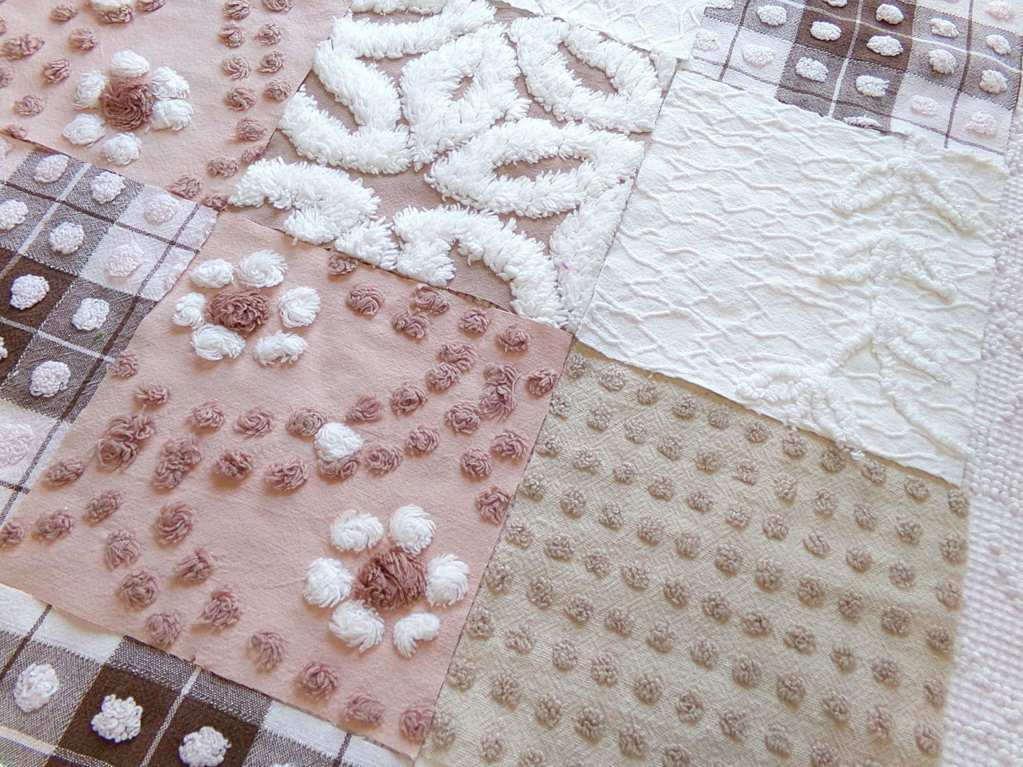 vintage 6" chenille squares, "boho girl" set of 16 quilt blocks, rotary cut from vintage chenille & matelasse bedspread fabrics