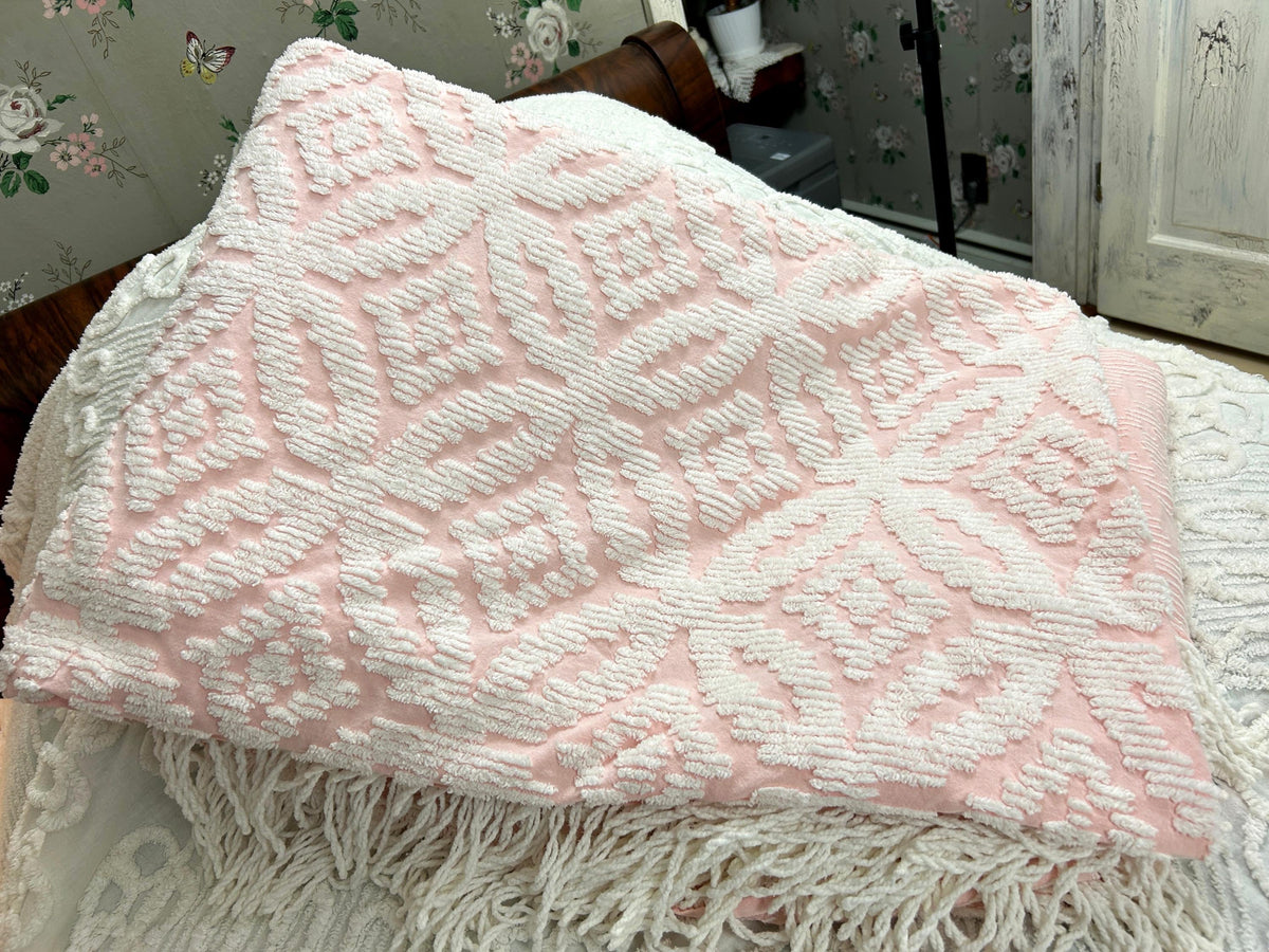 Vintage White & Pink Chenille Bedspread, Twin Size Coverlet, Accent Fringe