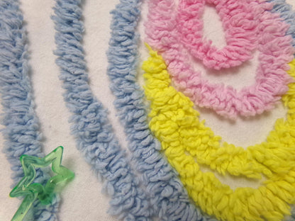vintage style chenille bedspread fabric boho peacock feathers pink blue 19x26"