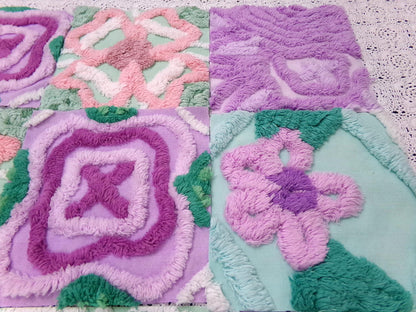 fabulous flowers vintage chenille fabric squares, set of 16 lavender green quilt blocks 6" ea