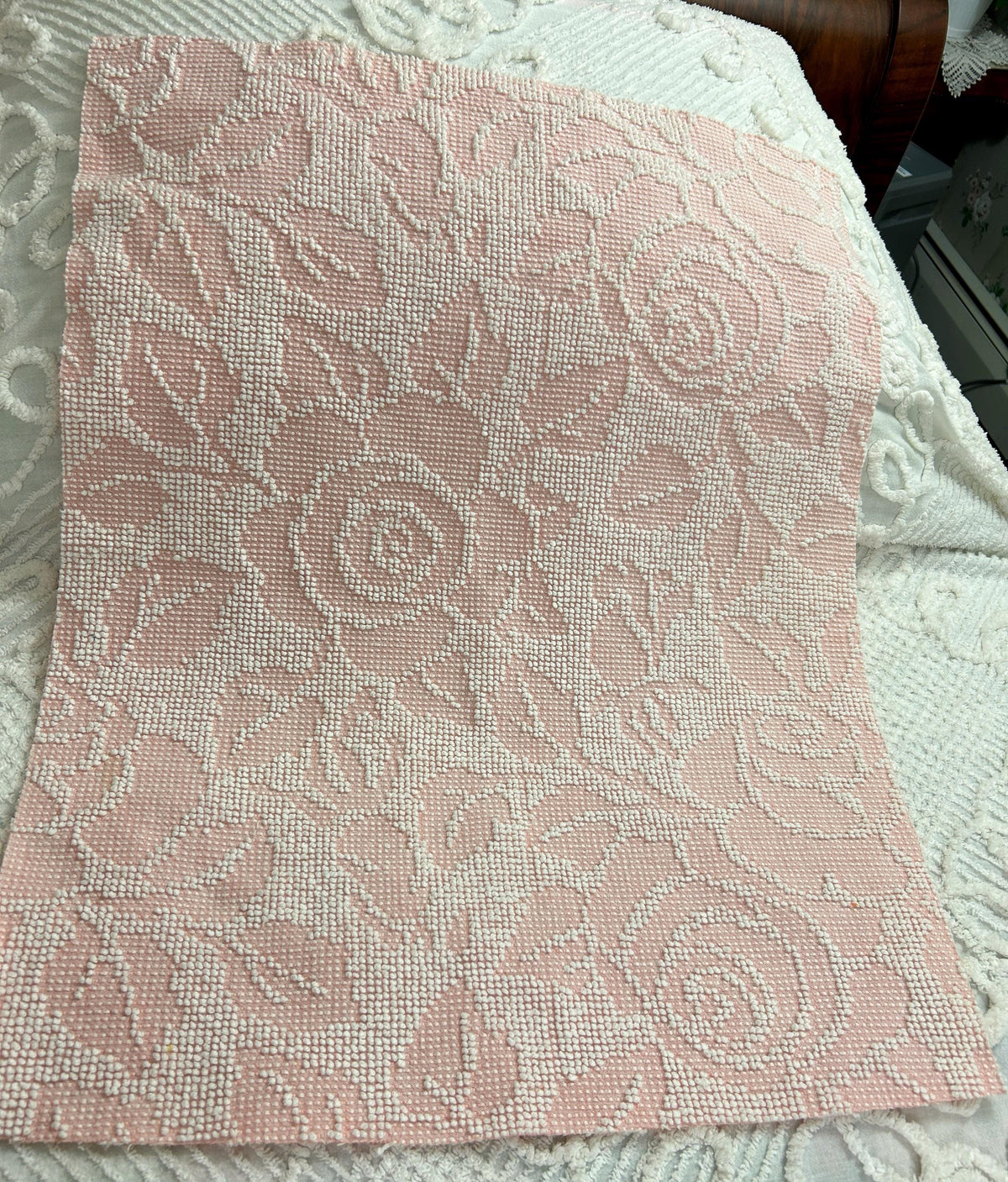 Pink Rose Vintage Chenille Fabric Piece Hobnail Cabbage Rose Reversible Shadow 18x24"