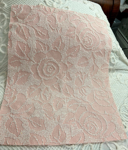 Pink Rose Vintage Chenille Fabric Piece Hobnail Cabbage Rose Reversible Shadow 18x24"