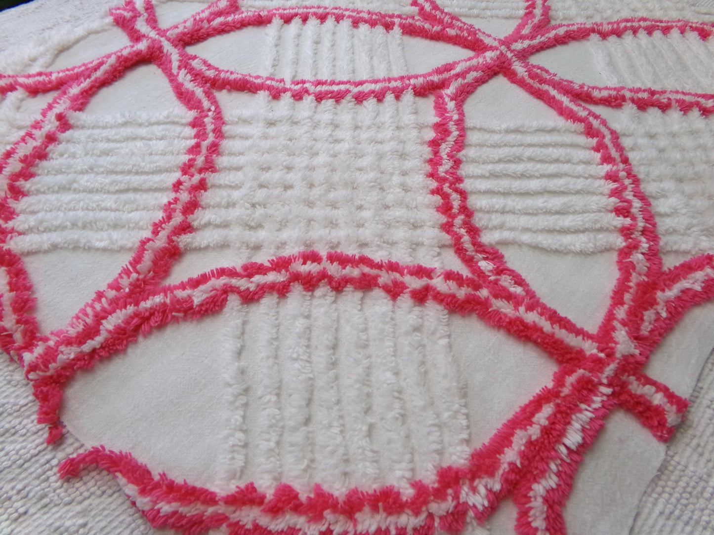Vintage Hot Pink White Chenille Fabric: Geometric Pattern Retro Mid Century Textile Craft Quilting Supplies, 20" x 25" Piece