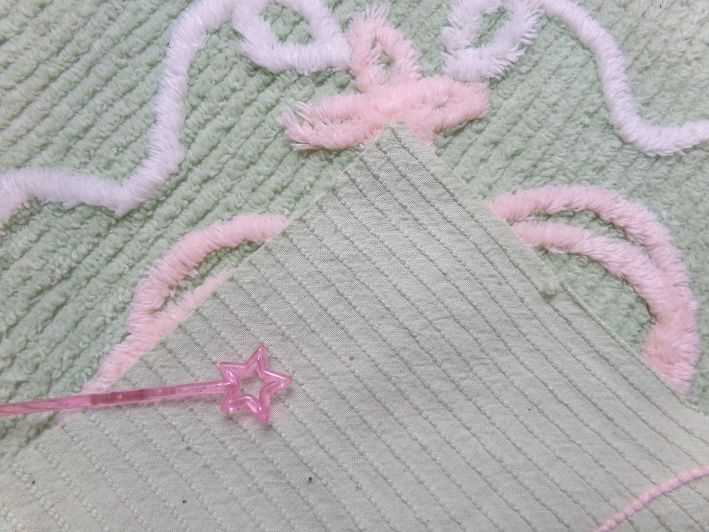 Peaceful Mint Green Vintage Chenille Fabric Pink Bow Star Lily, 19" x 18"
