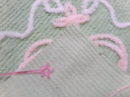 Peaceful Mint Green Vintage Chenille Fabric Pink Bow Star Lily, 19" x 18"