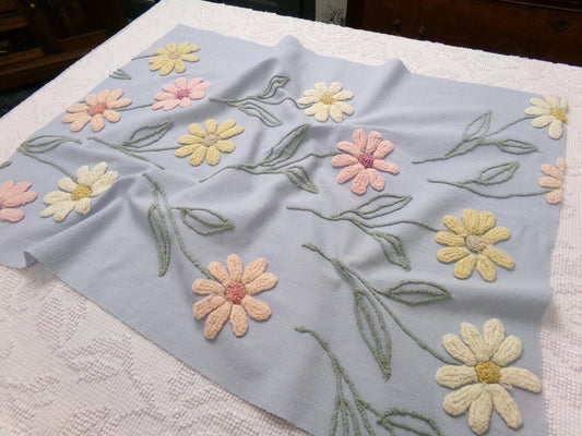 Scattered Daisies Vintage Chenille Bedspread Fabric, Shabby Blue Sewing Material, 19" x 25"