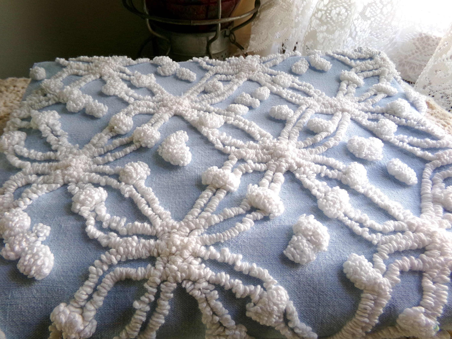 Popular Coastal Blue Vintage Chenille Fabric: White Wedding Ring Pop Design, 24" x 18" Piece, Great in Pillows & Chenille Quilts