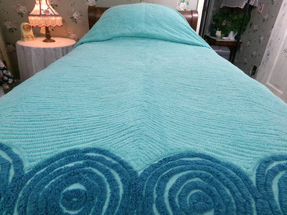 Vintage Chenille Bedspread Dramatic Swirling Waves, Full Size 100% Cotton Bedding