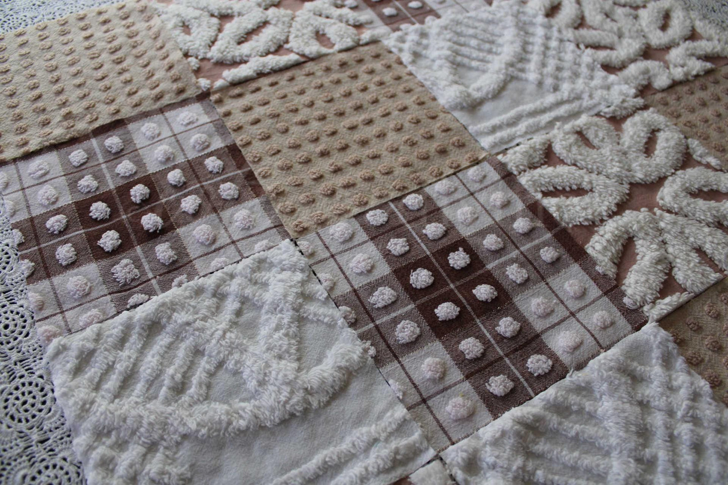 Bear Hugs Chenille Quilt Squares Set, from Vintage Bedspread Fabric, 16 Blocks, 6" x 6" inches each, Chocolate, Mocha & White