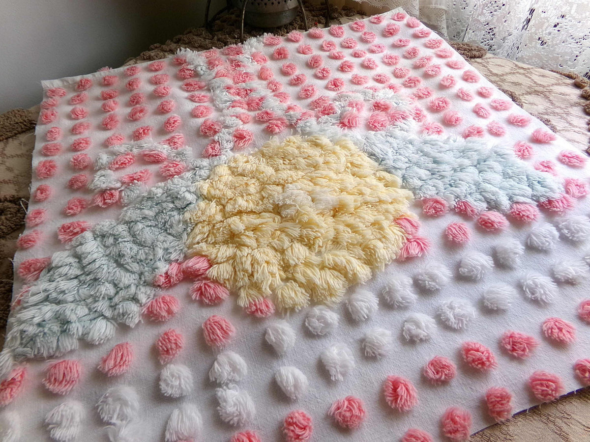 Pink Pops Vintage Chenille Fabric, Floral Antique 15x28" Craft Panel