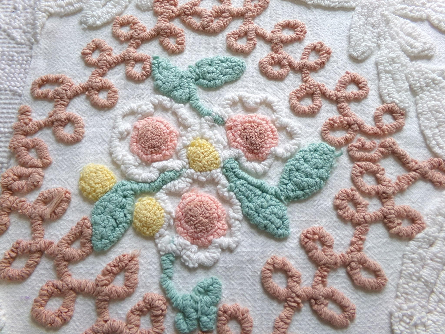 vintage chenille bedspread fabric, natural boho floral 20" x 20" piece sewing material