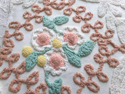 vintage chenille bedspread fabric, natural boho floral 20" x 20" piece sewing material