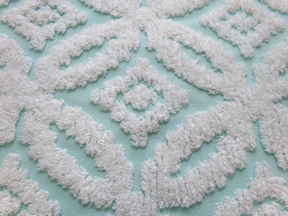 vintage aqua chenille fabric, white petals geometric design, 20" x 24" piece of sewing material