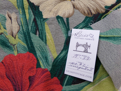 Bold Vintage Barkcloth Fabric Hawaii Hibiscus Pattern Gray Red Cream 19" x 27"