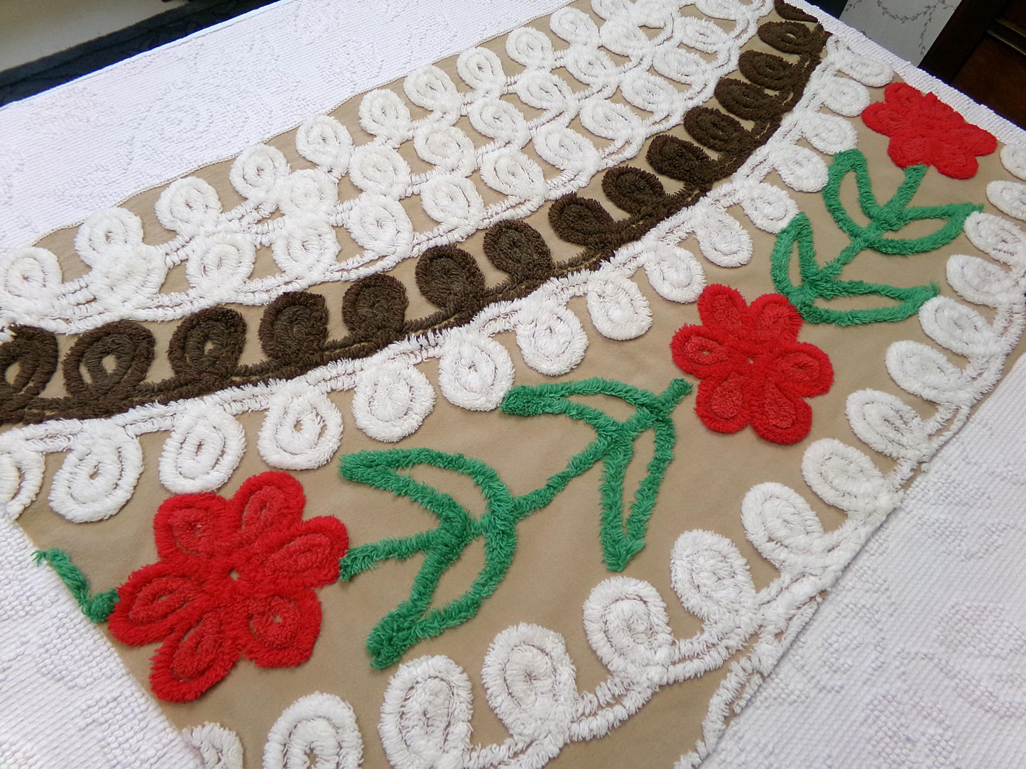 chocolate cherry vintage chenille fabric, delicious arc floral design, 18" x 28" piece
