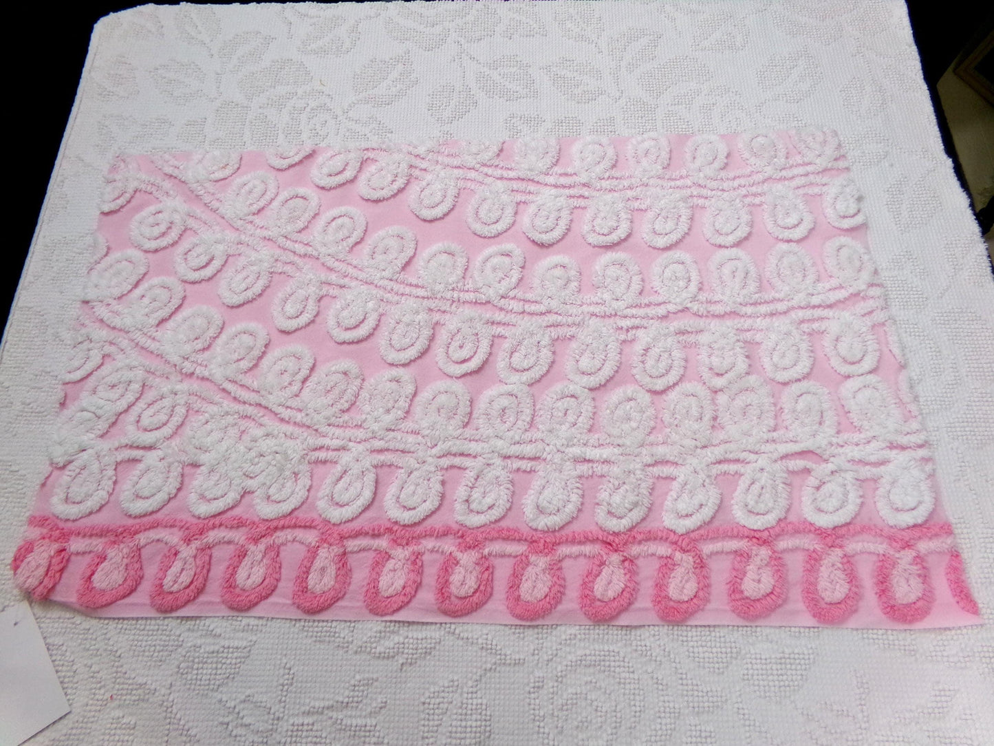 Playful Pink Vintage Chenille Bedspread Fabric White Curlicues 15" x 26"
