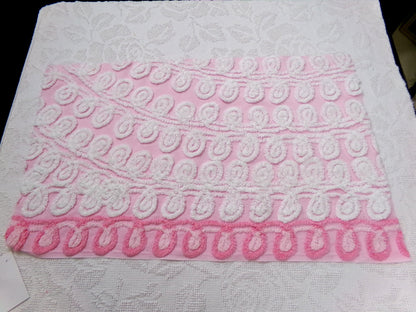 Playful Pink Vintage Chenille Bedspread Fabric White Curlicues 15" x 26"
